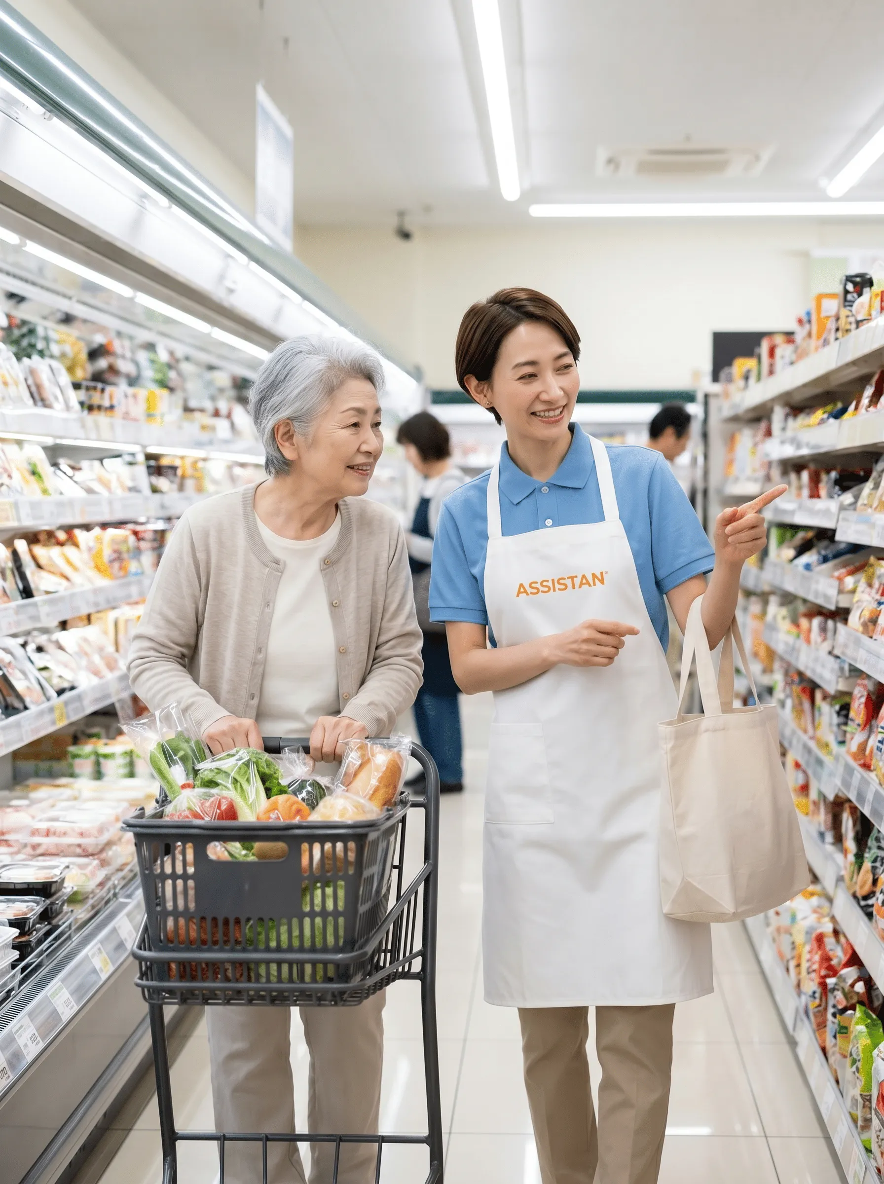スーパーでスタッフが買い物に付き添っている様子